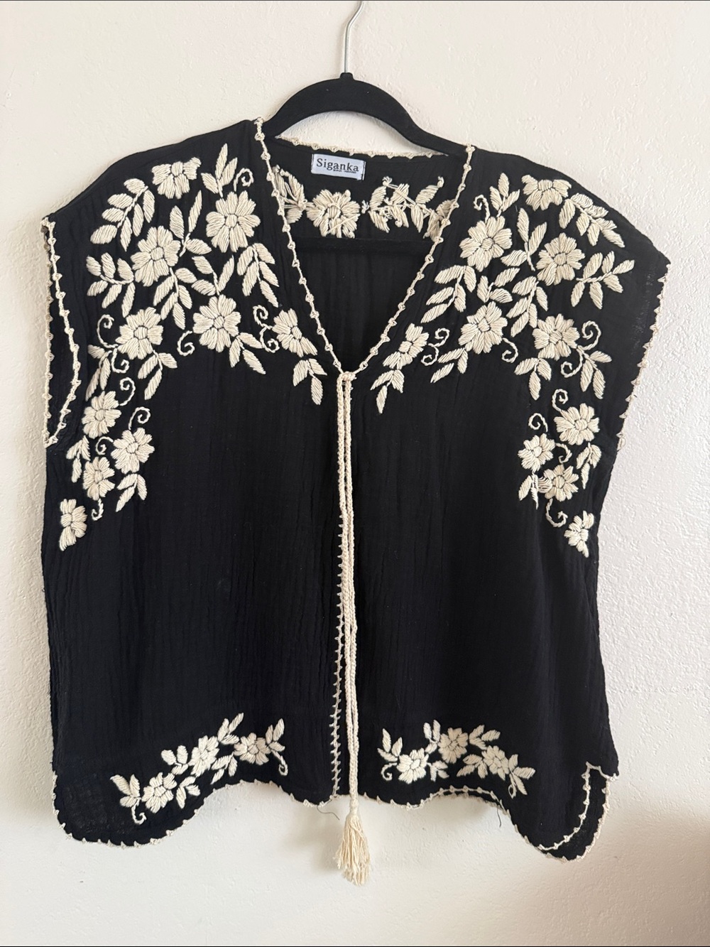 Black Embroidered Boho Blouse with Cream Floral Detail